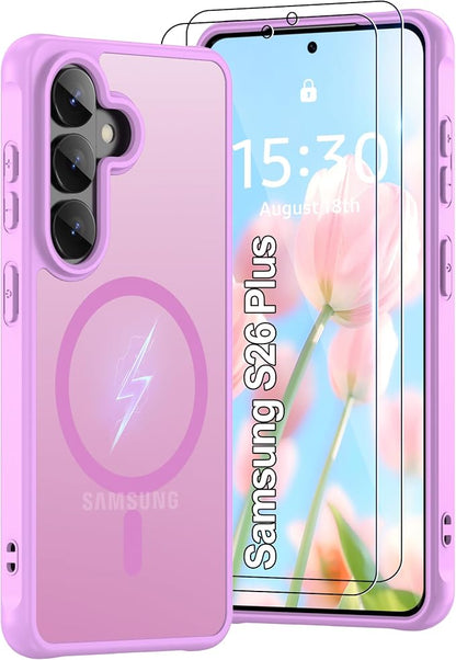 Compatible for Samsung Galaxy S26 Plus Phone Case: S26 Plus Case [Mag-Safe Fit] with 2PC HD Screen Protector,Matte Translucent Soft-Touch Skin/Full Body Protection for Cell Phone S 26 Plus Cover,Pink