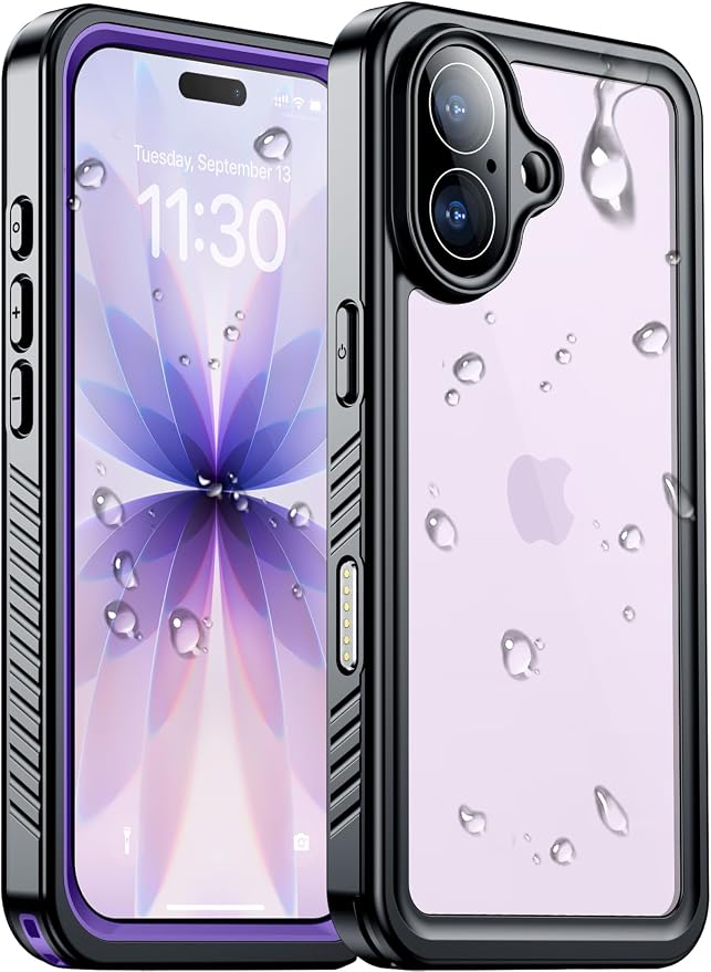 Temdan Compatible with iPhone 17 Case,Waterproof Built-in Screen & Camera Protector IP68 Underwater Full Body 17FT Military Dropproof Shockproof Phone Case 6.3"-Purple/Clear