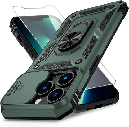 for iPhone 13 Pro Case with Camera Lens Cover, HD Screen Protector, 10 FT Military Grade Drop Protection, Magnetic Ring Holder Kickstand Protective Phone Case for iPhone 13 Pro, Pine Green