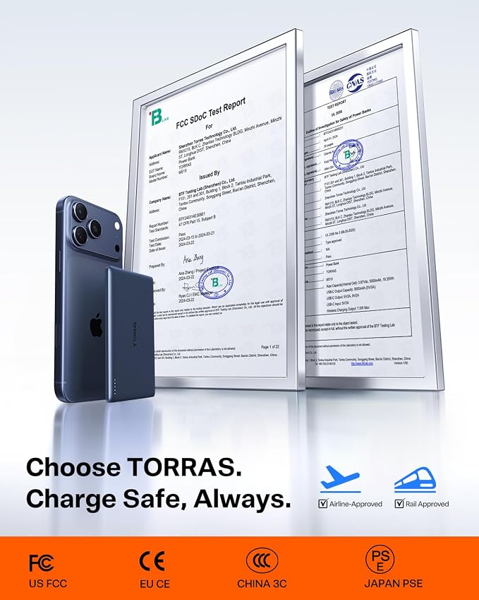 TORRAS MiniMag Power Bank, Ultra Slim 5,000mAh Wireless Portable Charger with USB-C Cable, Fast Charging iPhone Air Magnetic Battery Pack, Compatible for iPhone 17/16/15/14/13/12, Deep Blue