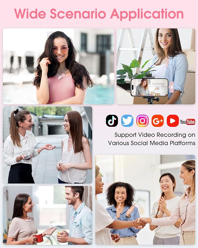 Mini Wireless Lavalier Microphone for iPhone 16/15/14/Android, Lapel Mic with Noise Reduction, 12H, 65ft, Pink Tiny Microphone Content Creator Interview for Vlog YouTube TikTok Recording (Pink)