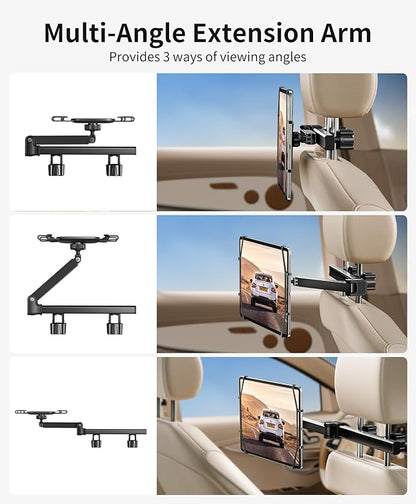 FANGOR Tablet Holder for Car - [3 in 1 Adjustable Extension Arm] Upgraded iPad Holder for car Backseat with Holding Net, Road Trip Essentials for Kids, for 7-13" iPad Pro, Air, Mini, Galaxy, Fire HD