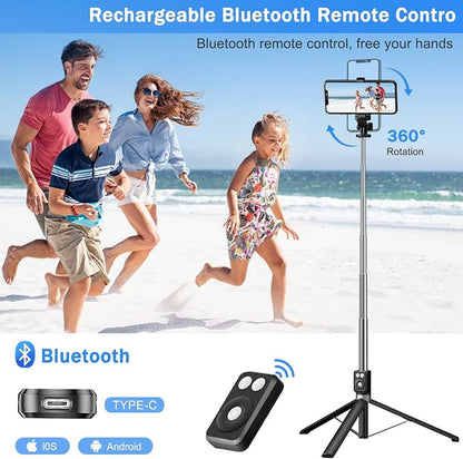 Selfie Stick Tripod with Fill Light, Phone Selfie Stick,Durable Stainless Steel Design,Bluetooth Remote Control,and Stable Three-Legged Support for Live Broadcasts,Video Shooting (Black)