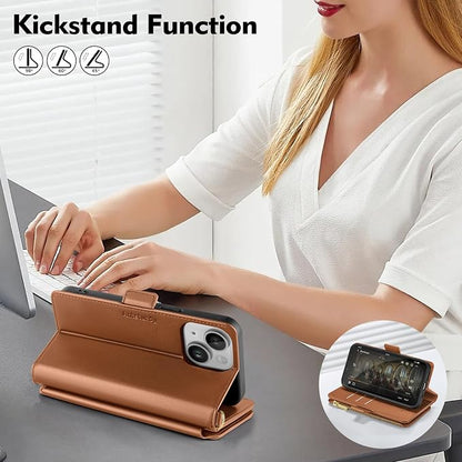 Antsturdy Compatible with iPhone 15 Wallet Case Card Holder【RFID Blocking】 PU Leather Phone Case Women Men flip Protective Cover Wrist Strap Zipper Credit Card Slots,for Apple 15 6.1",Light Brown