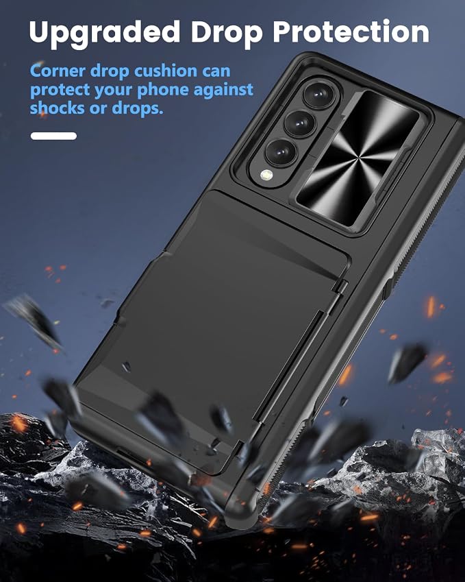 Viaotaily for Galaxy Z Fold 4 Case with Card Holder & Kickstand & Screen Protector, [2023 Upgrade] Slide Camera Lens Cover & Hinge Protection Wallet Phone Case for Galaxy Z Fold 4 2022, Black