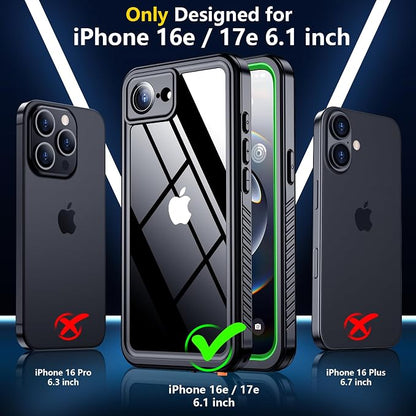 SPIDERCASE for iPhone 16e Case/iPhone 17e Case Waterproof,Built-in Screen & Camera Lens Protector[IP68 Underwater] Full Body Protection Phone Case for iPhone 16e/iPhone 17e 6.1'', Green/Clear