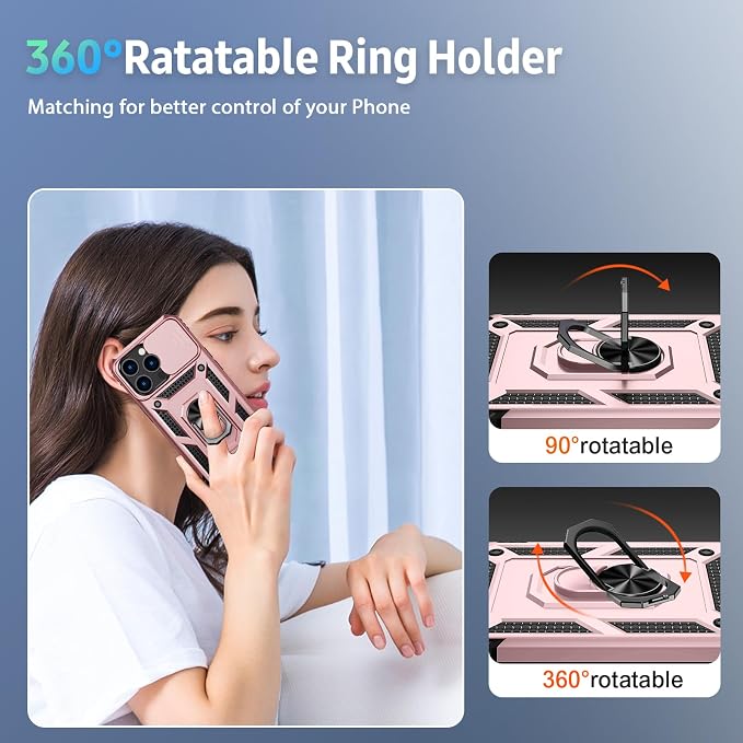 Vinve for iPhone 14 Pro Max Case with Slide Lens Cover HD Screen Protector, Military Grade Drop Protection, Magnetic Rotated Ring Holder Kickstand Protective Phone Case (Rose Gold)