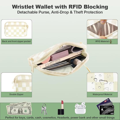 YFWE Clip and Go Strap for Phone with Wallet Crossbody, Adjustable Phone Lanyard with Detachable RFID Wristlet Wallet, Phone Strap with Phone Tabs for All Phones, Cream Checkered (M)