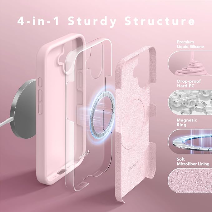 GONEZ Magnetic for iPhone 16 Case, Compatible with MagSafe, [Screen Protector + Camera Lens Protector], Liquid Silicone Shockproof Protective Phone Case for iPhone 16 6.1", Chalk Pink
