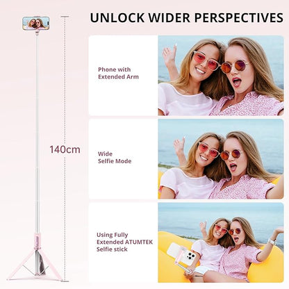 ATUMTEK 55" Selfie Stick Tripod, All-in-one Extendable Aluminum Phone Tripod with Rechargeable Bluetooth Remote for iPhone and More, Fitting 4.7-7 inch Smartphones, Pink