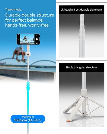 Spigen Selfie Stick Automatic Tripod Stand with Bluetooth Remote Control Shutter 57" Extendable Compatible with MagSafe iPhone 17/16/15/14/13/12 Pixelsnap Pixel 10 Series & More - Dune Beige (S581W)