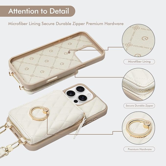ZVE for iPhone 16 Pro Case Wallet for Women, Crossbody Case with Wrist Strap Protective Leather Lanyard Case with Ring Holder Flip Cover 6.3 Inch-Beige