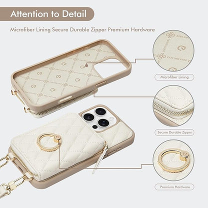 ZVE for iPhone 16 Pro Case Wallet for Women, Crossbody Case with Wrist Strap Protective Leather Lanyard Case with Ring Holder Flip Cover 6.3 Inch-Beige