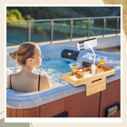 Beeveer Bamboo Adjustable Hot Tub Tray Table with Phone Holder, Adjustable Width 2'' to 7'', Nonslip Cup Shelf, Perfect Relaxing Gifts for Spa/Pool/Hot Tub for Adults