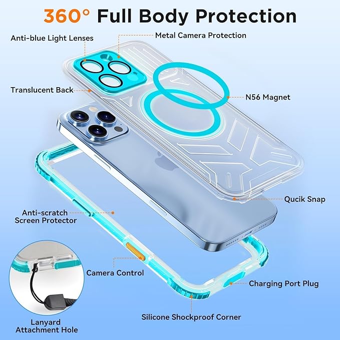 WIFORT for iPhone 16 Pro Waterproof Case, [IP68 Underwater] [Blue Light Filter Lens] [15FT Military Shockproof], Fit for Magsafe Full Body Magnetic Frosted Phone Case with Lanyard, 6.3" Teal