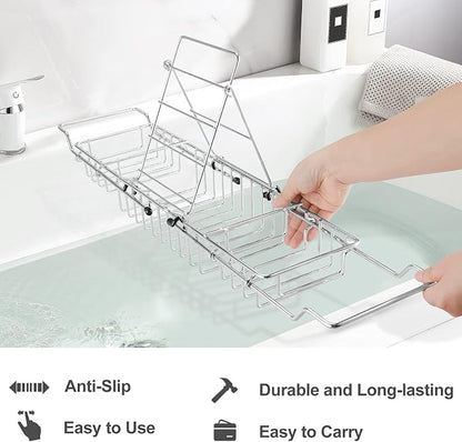 HOMEE Stainless Steel Shower Caddy Tray with Removable Book Holder, European Style Extendable Rectangular Bathroom Tray for Shower Bath Phone IPad Book Holder Candleholder Table Shelf - Silver