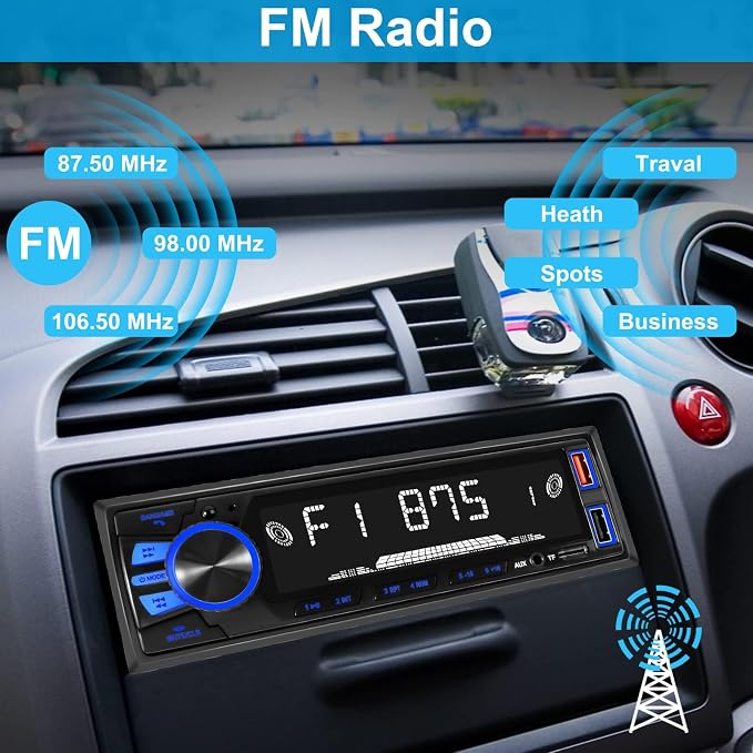 Car Radio Bluetooth Single DIN Car Stereo Audio,Car Audio with Push to Talk Button for Handsfree Calling,Supports FM/ MP3/EQ/SD/AUX,Dual USB,iOS & Android App Control,7 LED Colors | Not CD Player