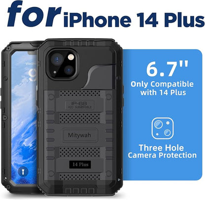 Mitywah Waterproof Case for iPhone 14 Plus, Heavy Duty Shockproof Case with Built-in Screen Protector, Full Body Underwater Protective Metal Case 6.7 inch, Black