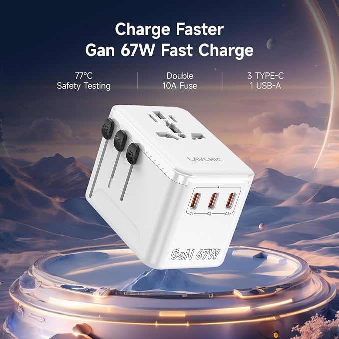 67W GaN Universal Travel Plug Adapter - International Power Adapter with 3 USB C & 1 USB A, Worldwide Power Outlet Travel Essentials for USA to European UK AUS Ireland, Type C/G/I/A (White)