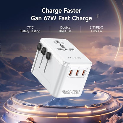 67W GaN Universal Travel Plug Adapter - International Power Adapter with 3 USB C & 1 USB A, Worldwide Power Outlet Travel Essentials for USA to European UK AUS Ireland, Type C/G/I/A (White)