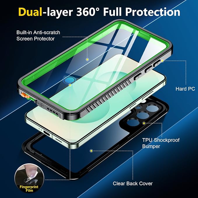 SPIDERCASE Upgraded for Samsung Galaxy S25 Plus Case Waterproof,Built-in Screen & Camera Lens Protector[IP68 Underwater] [Military Grade Shockproof] Full Body Protection Phone Case,Green/Clear