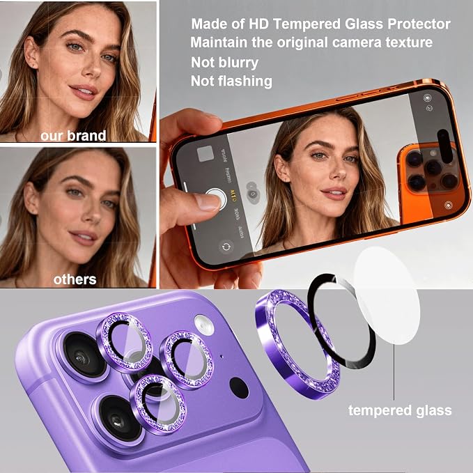 Compatible for iPhone 17/17 Pro/iPhone 17 Pro Max Camera Lens Protector Bling, Cute Sparkle Glitter Camera Cover for Women, Individual Ring, Anti-Scratch (3 Protectors + 1 Extra), Purple
