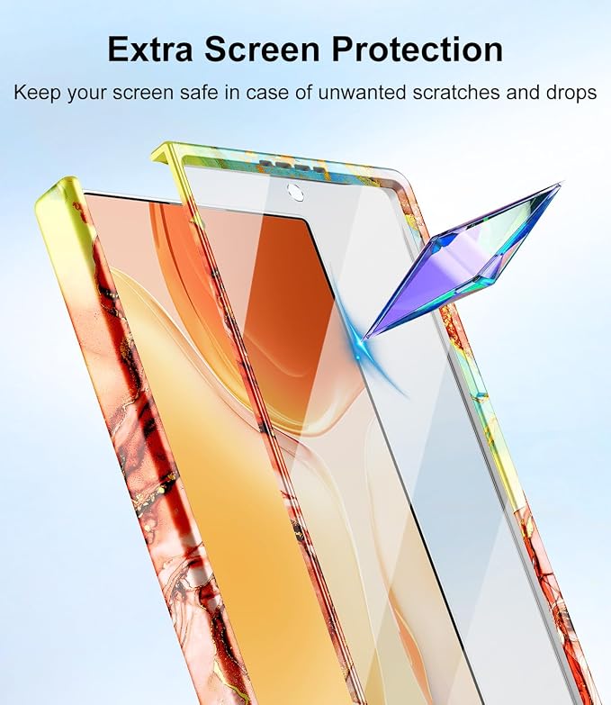 Btscase for Samsung Galaxy Z Fold 7 Case,Built in Front Screen Protector,Gold Glitter Marble Pattern Hard PC Slim Shockproof Full Body Drop Protective Case for Galaxy Z Fold 7 5G, Bright Orange