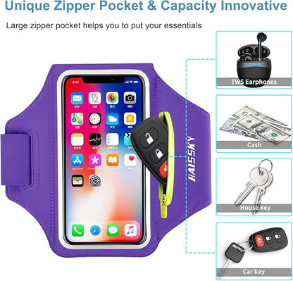 Cell Phone Running Armband with Airpods Zipper Pocket Armband Case Running Holder for iPhone 16/15/ 14/13 / 12 /11Pro Max,Galaxy S20 S10,Sweatproof Arm Band with Card/Key Bag