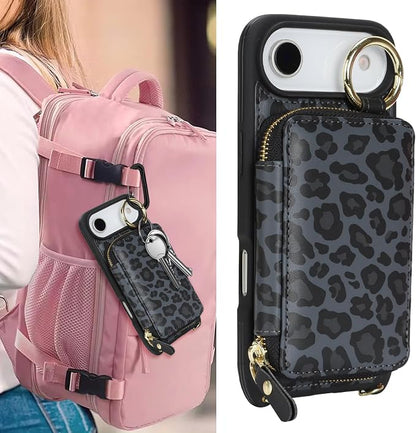 Crossbody Wallet Case for iPhone Air, PU Leather Zipper Handbag Purse Flip Cover, Kickstand Folio Case with Card Slots Holder Wrist Strap Lanyard 5G 6.5 Inch-Black Leopard