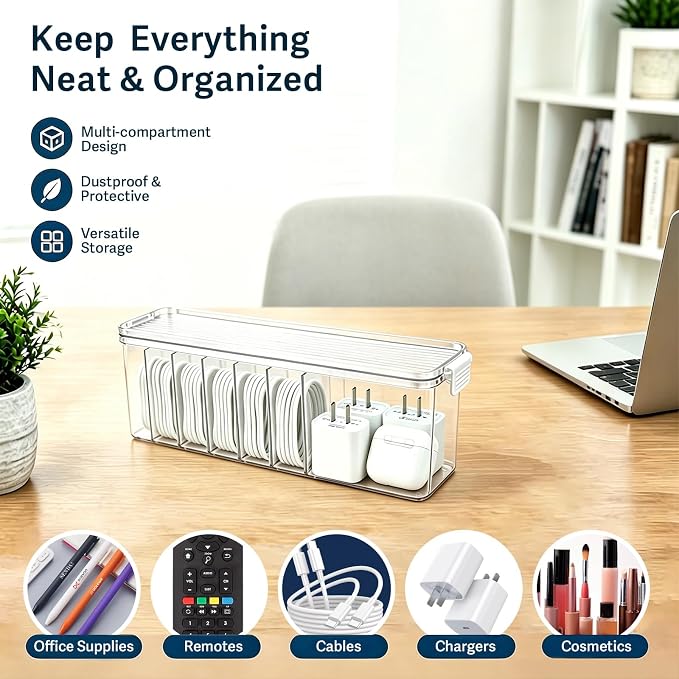 TexHome 2 Pcs Cable Organizer Boxes Clear Charger Cable Storage Boxes with Lid and Cable Straps, Plastic Electronics Cord Organizer for Office Desk Home Drawer Accessories Storage, Clear