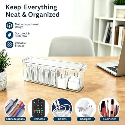 TexHome 2 Pcs Cable Organizer Boxes Clear Charger Cable Storage Boxes with Lid and Cable Straps, Plastic Electronics Cord Organizer for Office Desk Home Drawer Accessories Storage, Clear
