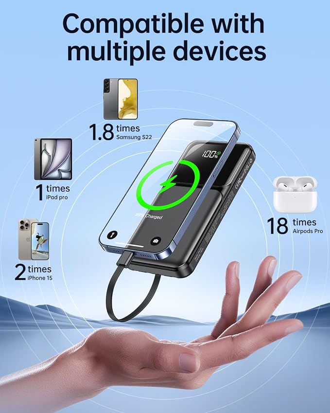 RONEGN Portable Charger with Built in Cable - Power Bank Fast Charging USB C LED Display 10000mah Battery Pack 5 Outputs & 3 Inputs for Travel Essentials iPhone Samsung Android Phones Tablets Black