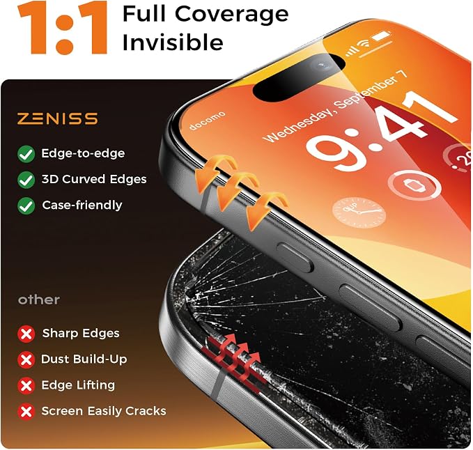 NeverBreak 9H+ Hardness for iPhone 15 Screen Protector 12FT Military Grade Protection (Scratch, Shatter, Drop Resistance) 15 Tempered Glass Full Edge Coverage Case Friendly 6.1" 2 Pack