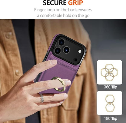 LOHASIC for iPhone 17 Pro Max Case Wallet with Card Holder, 360° Rotation Ring, RFID Blocking, 5 Card Slots, PU Leather 6.9" Cover for Apple 17 Pro Max Women Men, Purple