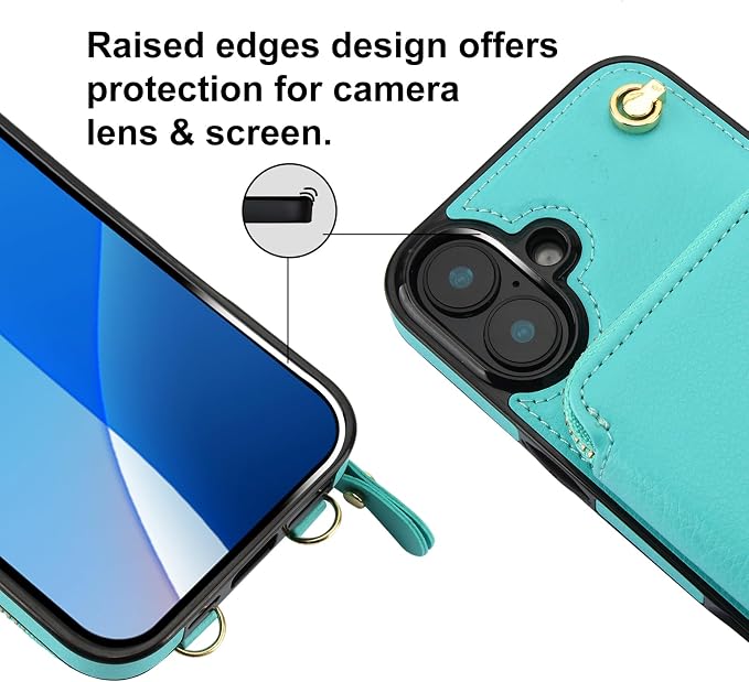 Bocasal Crossbody Wallet Case for iPhone 16 Plus, RFID Blocking Leather Purse Case with Card Holder, Protective Handbag Flip Cover with Zipper Wrist Strap Lanyard for Women 5G 6.7 Inch (Mint Green)