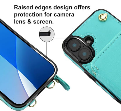 Bocasal Crossbody Wallet Case for iPhone 16 Plus, RFID Blocking Leather Purse Case with Card Holder, Protective Handbag Flip Cover with Zipper Wrist Strap Lanyard for Women 5G 6.7 Inch (Mint Green)