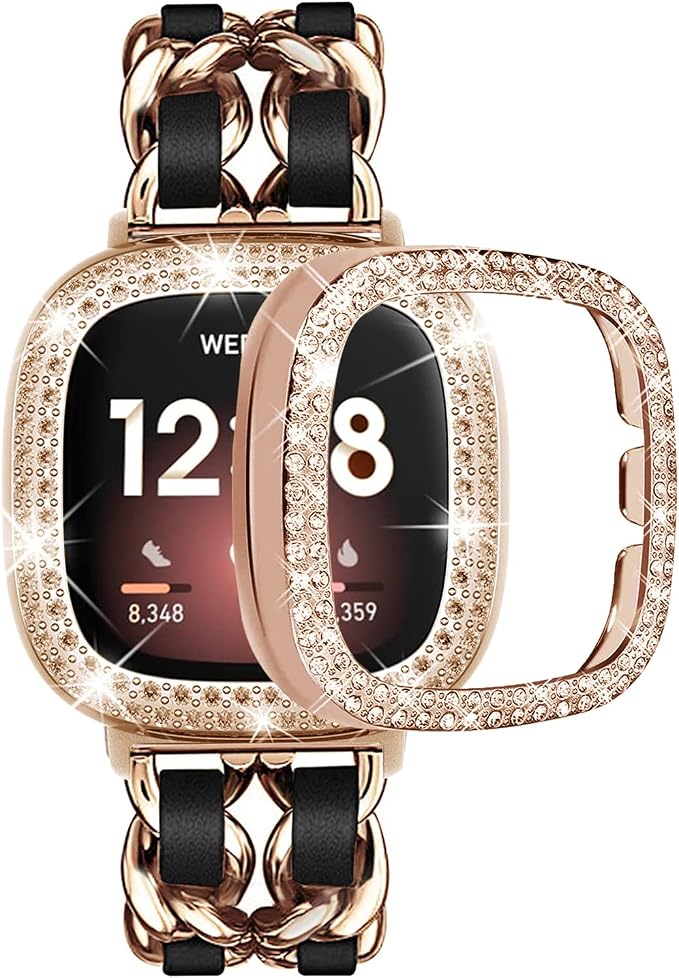 Stainless Steel Bands Compatible for Fitbit Versa 4/Fitbit Sense 2 Smartwatch With Bling Case Cover,Chic Leather Metal Wristband Accessories Strap for Women Bracelet