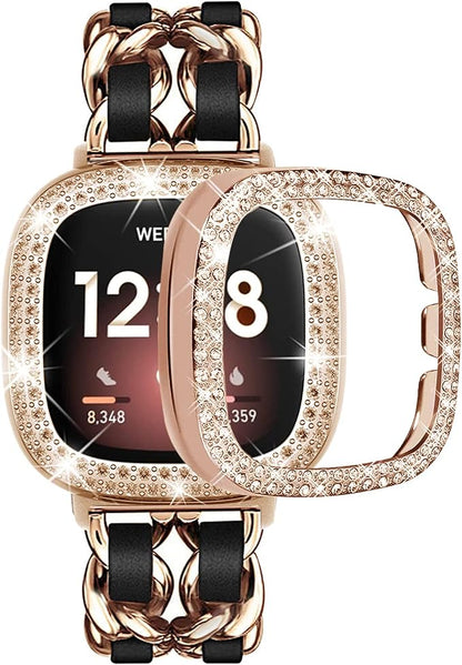Stainless Steel Bands Compatible for Fitbit Versa 4/Fitbit Sense 2 Smartwatch With Bling Case Cover,Chic Leather Metal Wristband Accessories Strap for Women Bracelet