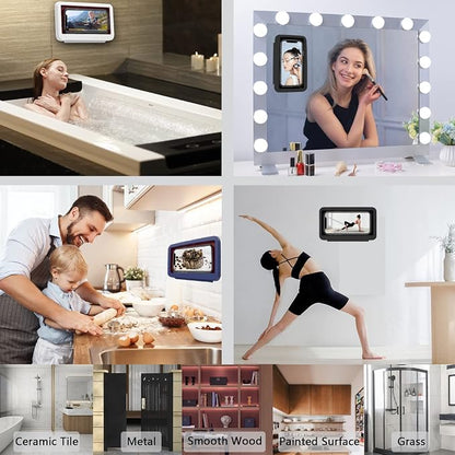 Shower Phone Holder Waterproof - Anti Fog High Sensitivity Touch Screen, 360°Rotation Wall Mount Shower Case for Phone for Bathroom Wall Mirror Bathtub Kitchen, Compatible with Under 7 Inch(White)