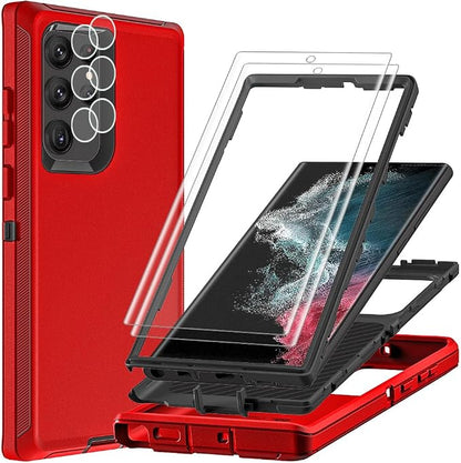for Samsung Galaxy S22 Ultra Case with 2Pcs Self Healing Flexible TPU Screen Protector & Camera Lens Protector, 3 in 1 Heavy Duty Shockproof/Drop Proof/Dust Proof Case (Red/Black)