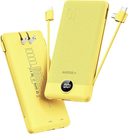 VEGER Portable Charger with Built-in AC Plug and Cables, All in One 10000mAh Ultra Slim Power Bank Travel Essentials, USB C External Battery Pack Compatible with iPhone, Samsung, More, Yellow