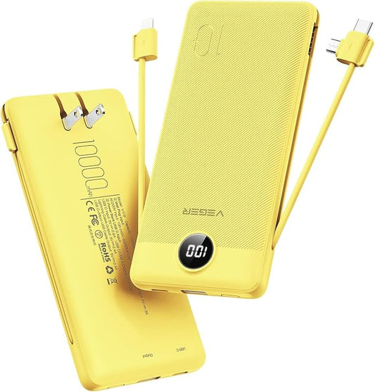 VEGER Portable Charger with Built-in AC Plug and Cables, All in One 10000mAh Ultra Slim Power Bank Travel Essentials, USB C External Battery Pack Compatible with iPhone, Samsung, More, Yellow