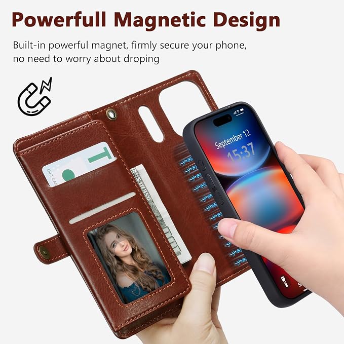 Wallet Case for iPhone 17 Pro Max with Card Holder/Crossbody Wallet/Strap,[RFID Blocking][Magnetic] PU Leather Phone Case for iPhone 17 Pro Max,6.9 in,Brown