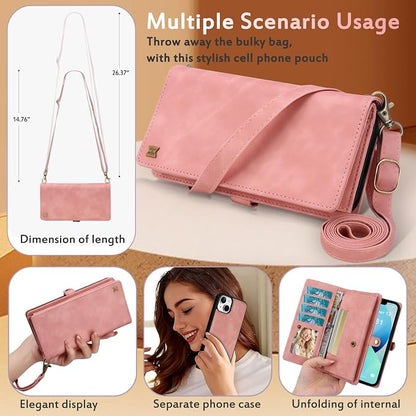 for Wallet Case Compatible with iPhone 13,Multi-Function Detachable 2 in 1 Magnetic iPhone 13 Case Wallet,Flip Strap Zipper Card Holder Phone Case with Shoulder Straps (Pink)