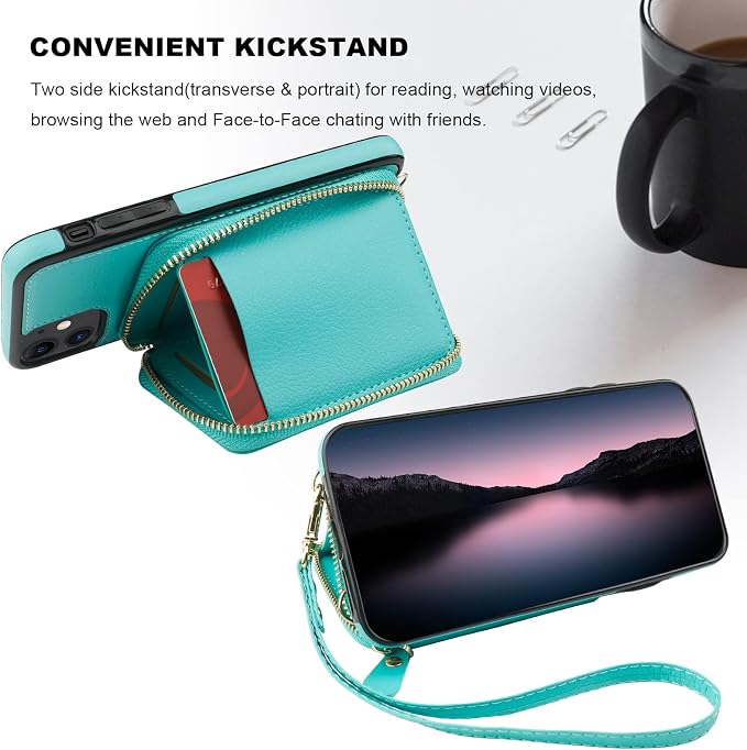 Bocasal RFID Blocking Wallet Case for iPhone 11, Adjustable Crossbody Zipper Purse Case Card Holder with Kickstand Detachable Wrist Strap, PU Leather Flip Folio Case 6.1 Inch (Mint Green)