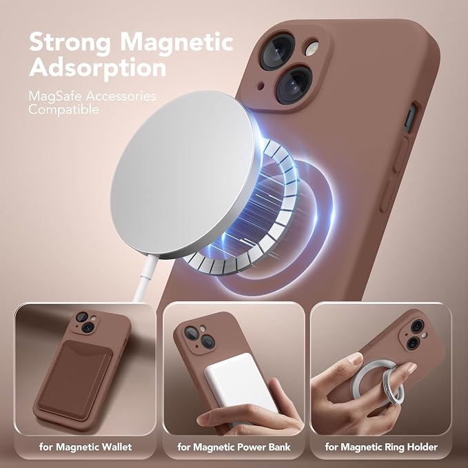 Magnetic for iPhone 15 Case, Compatible with MagSafe, [Screen Protector + Full Camera Protection], Silicone Shockproof Anti-Scratch Protective Phone Case for iPhone 15 6.1", Brown