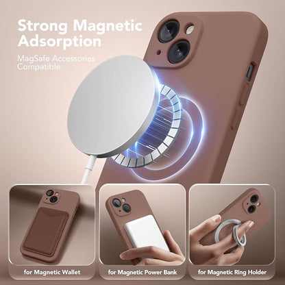 Magnetic for iPhone 15 Case, Compatible with MagSafe, [Screen Protector + Full Camera Protection], Silicone Shockproof Anti-Scratch Protective Phone Case for iPhone 15 6.1", Brown
