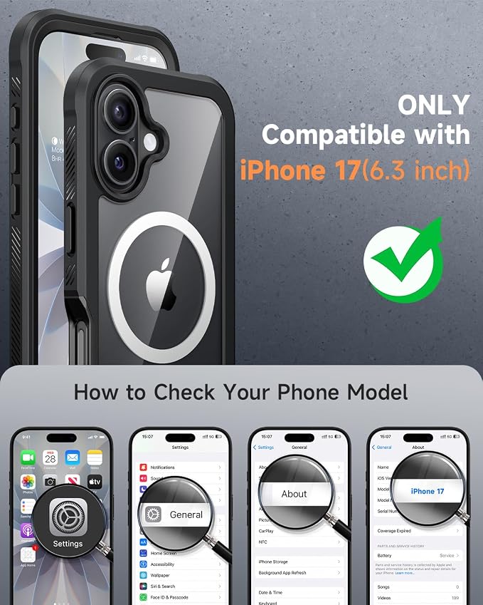 seacosmo for iPhone 17 Case, Full Body Bumper with Built-in 9H Tempered Glass Screen and Camera Lens Protector, Compatible with MagSafe, Shockproof 17 Phone Case, 6.3", Black