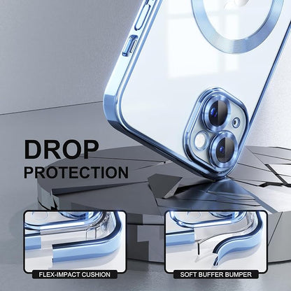Misea Magnetic for iPhone 15 Case Compatible with MagSafe [Never Yellowing] [Military Grade Drop Protection] Full Camera Lens Protector Plating Soft Clear Phone Case for Women,Sierra Blue