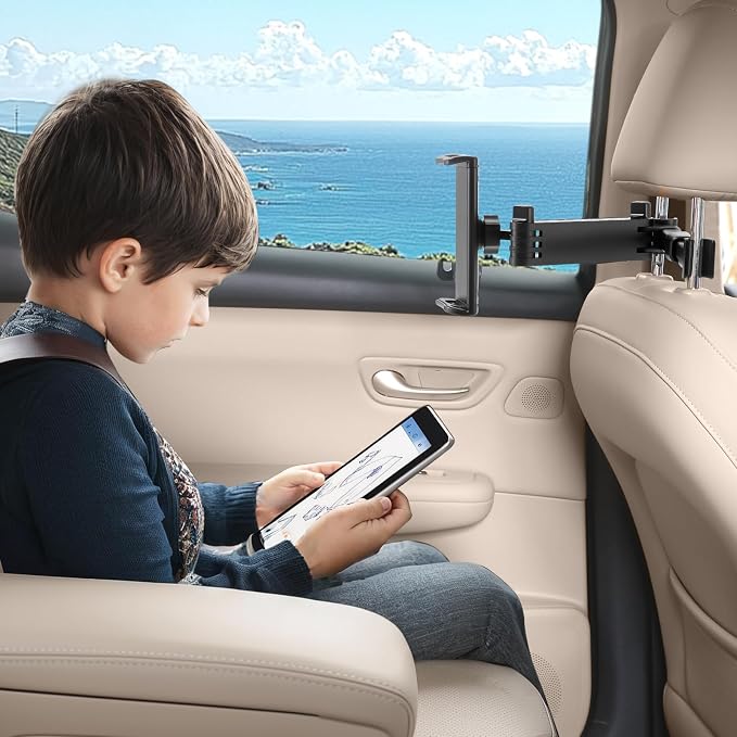 Car Headrest Tablet Holder, Stable Back Seat iPad Mount for Kids, Adjustable Long Arm Vehicle Head Rest Mount Compatible with 4.7-11" iPad Pro/Air/Mini, Samsung Galaxy Tablets, Fire HD